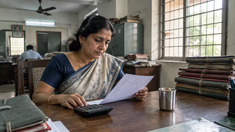 A government office clerk checks a printed salary slip with a calculator at her desk