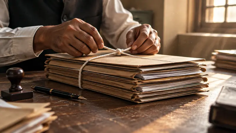 Hands untie the string on a pile of government files on a wooden desk