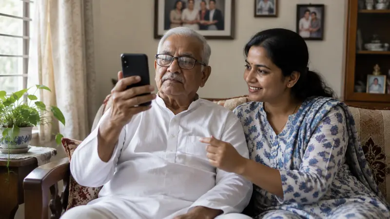 A retired man holds up a smartphone for face authentication while his daughter helps him